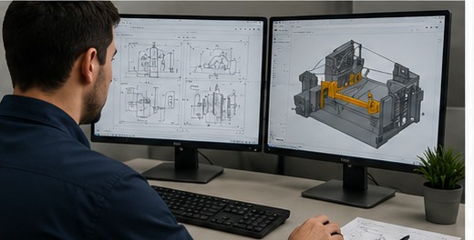 Engenheiro revisando desenhos técnicos e modelo 3D em duas telas