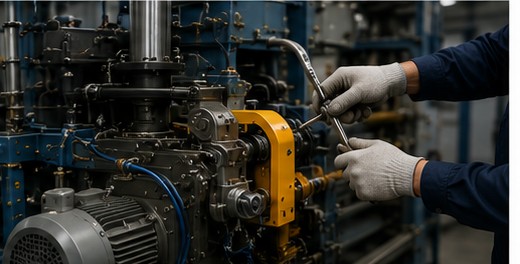 Técnico executando a modificação mecânica de uma máquina industrial