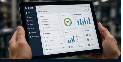 Tablet exibindo o painel do sistema de manutenção (CMMS)