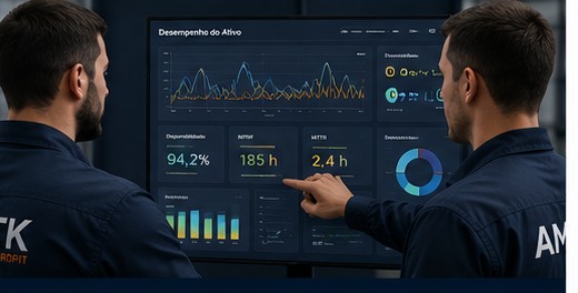 Dois técnicos da AMTK acompanhando indicadores de performance em um painel
